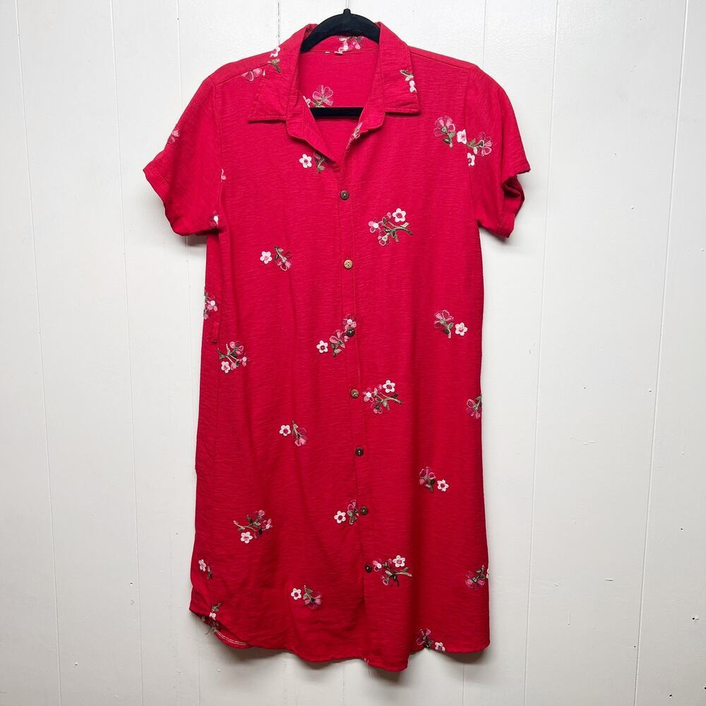 Womens Button Front Floral Short Sleeve Embroidered Shirt Dress Size Medium